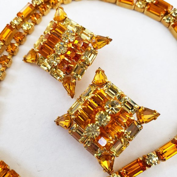Vintage KRAMER OF NEW YORK Art Deco Yellow Orange Rhinestone Necklace Earrings - Picture 4 of 14
